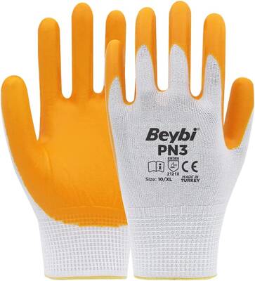 Beybi PN3 Polyester Astarlı Örme Nitril Kaplı Eldiven Beyaz-Sarı No:10 - 1