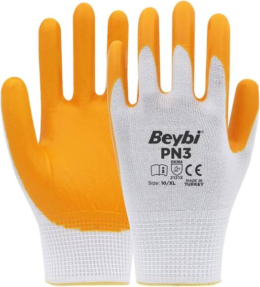 Beybi PN3 Polyester Astarlı Örme Nitril Kaplı Eldiven Beyaz-Sarı No:10 - 1