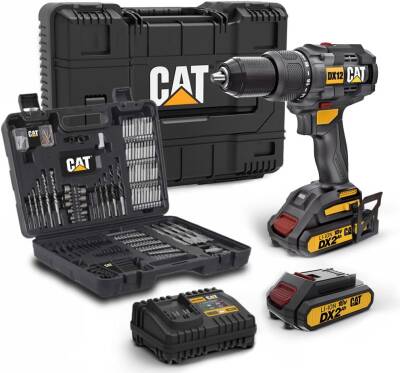 CAT DX12SET 18Volt/2.0Ah Li-ion Çift Akülü Kömürsüz Profesyonel Şarjlı Darbeli Matkap + DA01903 201 Parça Delme/Vidalama Uç Seti - 1