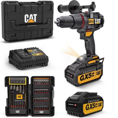 CAT DX13BA 18Volt/5.0Ah GRAPHENE Li-ion Çift Akülü Kömürsüz Profesyonel Darbeli Matkap + 45 Prç Aksesuar - Cat