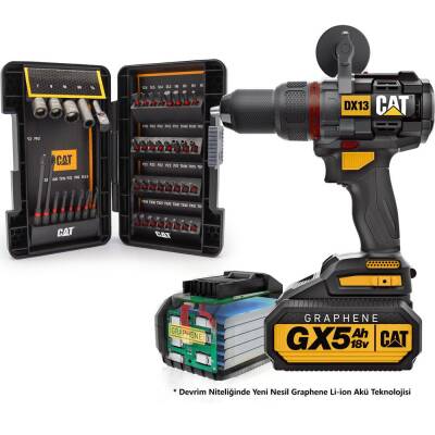 CAT DX13BA 18Volt/5.0Ah GRAPHENE Li-ion Çift Akülü Kömürsüz Profesyonel Darbeli Matkap + 45 Prç Aksesuar - Cat (1)