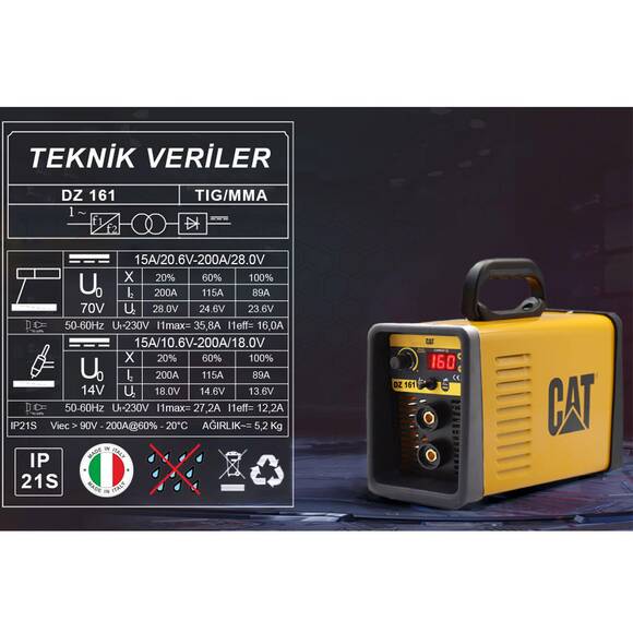 CAT DZ161T 160 Amper TIG LIFT/MMA Çanta Tipi Profesyonel Dijital İnverter Kaynak Makinesi + CAT DX37 Avuç Taşlama - 3