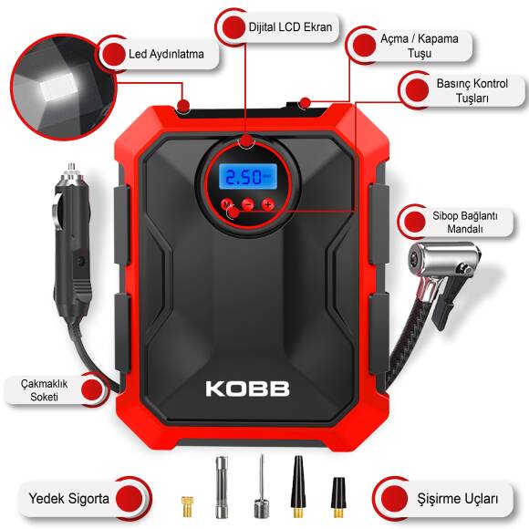 KOBB KB200 12Volt 150 PSI Ayarlanabilir Dijital Basınç Göstergeli Hava Lastik Şişirme Pompası - 5