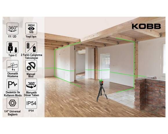 KOBB KBL33GTP 40M Profesyonel Li-ion Şarjlı 2x90⁰/360⁰ Otomatik Hizalamalı Yeşil Çapraz Çizgi Lazer Distomat+Tripod - 6