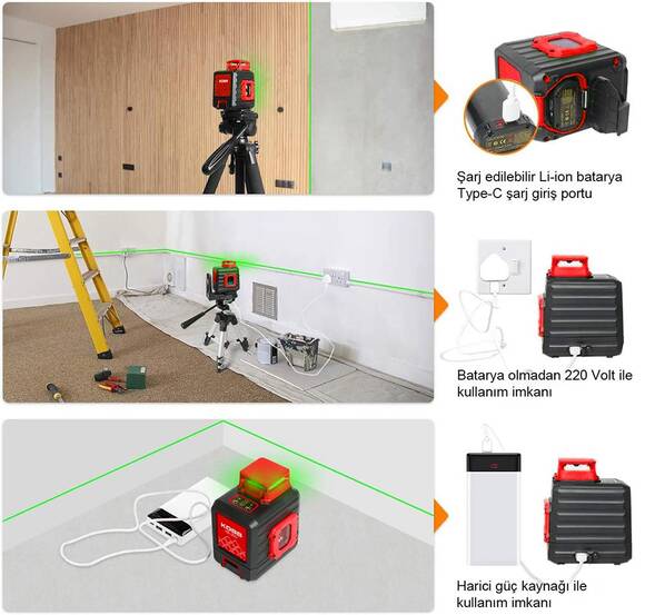 KOBB KBL33GTP 40M Profesyonel Li-ion Şarjlı 2x90⁰/360⁰ Otomatik Hizalamalı Yeşil Çapraz Çizgi Lazer Distomat+Tripod - 10