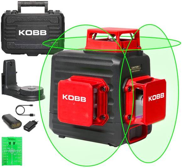 KOBB KBL34G 40 Metre Profesyonel Li-ion Şarjlı 3X360⁰ Otomatik Hizalamalı Yeşil Çapraz Çizgi Lazer Distomat - 1