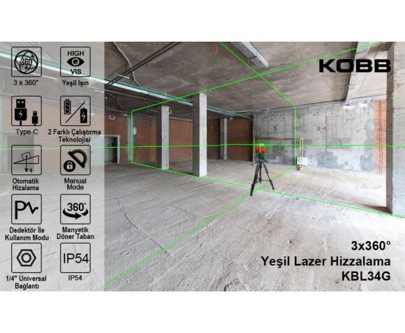 KOBB KBL34G 40 Metre Profesyonel Li-ion Şarjlı 3X360⁰ Otomatik Hizalamalı Yeşil Çapraz Çizgi Lazer Distomat - 9