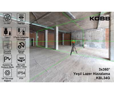 KOBB KBL34GTP 40 Metre Profesyonel Li-ion Şarjlı 3X360⁰ Otomatik Hizalamalı Yeşil Çapraz Çizgi Lazer Distomat+Tripod - 9