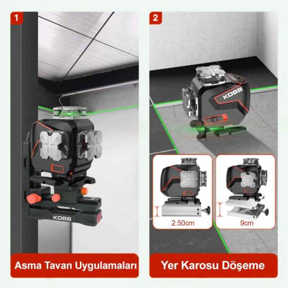 KOBB KBL36GTP Profesyonel Li-ion Şarjlı 4X360⁰ LCD Ekran Otomatik Hizalamalı Yeşil Çapraz Çizgi Lazer Distomat+Tripod - 8