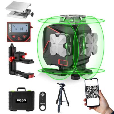 KOBB KBL36GTP Profesyonel Li-ion Şarjlı 4X360⁰ LCD Ekran Otomatik Hizalamalı Yeşil Çapraz Çizgi Lazer Distomat+Tripod - Kobb