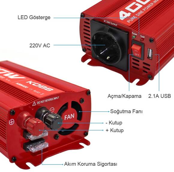 KOBB KBN400 12V/220V 400Watt Tam Sinüs Dönüştürücü İnvertör - 9