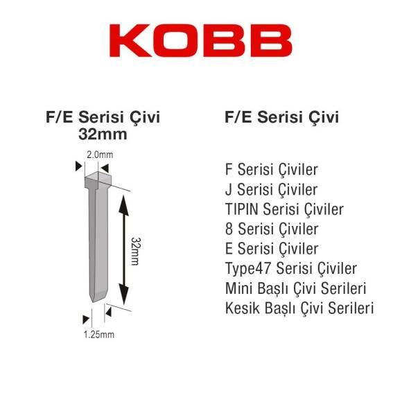 KOBB KBZ32F 32mm 2500 Adet F/E/J/8 Serisi Ağır Hizmet Tipi Kesik Başlı Çivi - 4