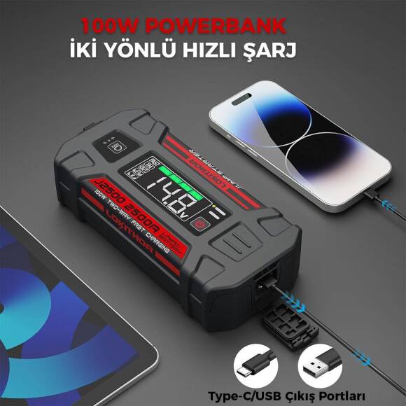 Lokithor J2500 12V 2500Amp LiFePO4 Akıllı Akü Takviye + Powerbank + Led Lamba - 3