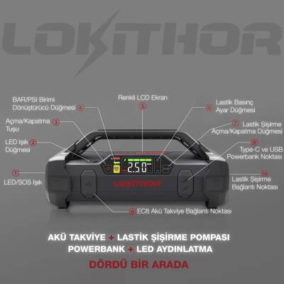 LOKITHOR JA301 12V 2000Amp Li-Polimer Akıllı Akü Takviye + Pompa + Powerbank + Led Lamba - 7