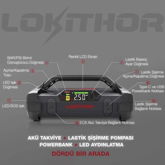 LOKITHOR JA301 12V 2000Amp Li-Polimer Akıllı Akü Takviye + Pompa + Powerbank + Led Lamba - 7