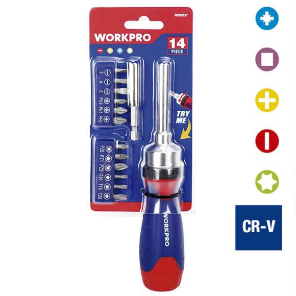 WORKPRO WP200524 14 Parça Profesyonel CR-V Cırcırlı Bits Tornavida Seti - 6