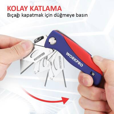 WORKPRO WP211006 Ağır Hizmet Paslanmaz Çelik Gövde Katlanır Rötuş Maket Bıçağı + 6 Adet Yedek Bıçak - 9