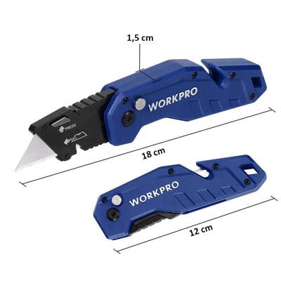 WORKPRO WP211008 Profesyonel Katlanır Çok Amaçlı Rötuş Maket Bıçağı + 10 Adet Yedek Bıçak - Fırsat Ürünü (1)