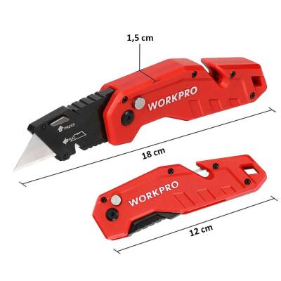 WORKPRO WP211018 Profesyonel Katlanır Çok Amaçlı Rötuş Maket Bıçağı + 10 Adet Yedek Bıçak - Workpro (1)