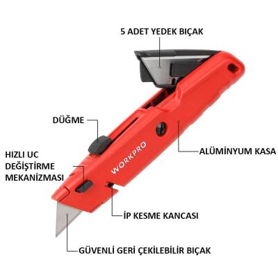 WORKPRO WP213009 Ağır Hizmet Alüminyum Gövde Geri Çekilebilir Rötuş Maket Bıçağı + 5 Adet Yedek Bıçak - Fırsat Ürünü (1)