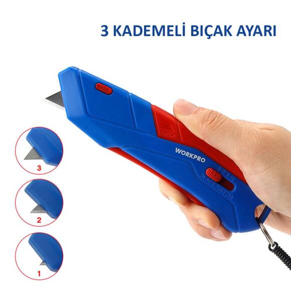 WORKPRO WP213010 Kemer Askı Kancalı Otomatik Geri Çekilebilir Mandallı Rötuş Maket Bıçağı + 3 Adet Yedek Bıçak - 4