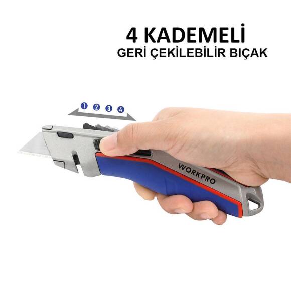 WORKPRO WP213015 Ağır Hizmet Alüminyum Gövde Otomatik Geri Çekilebilir Rötuş Maket Bıçağı + 5 Adet Yedek Bıçak - 5