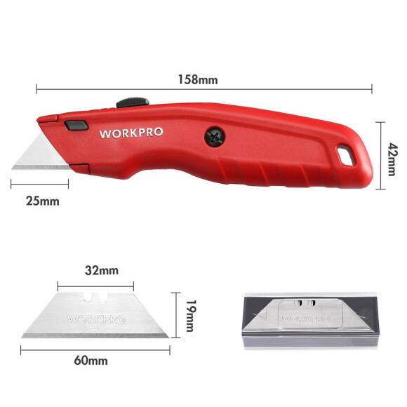 WORKPRO WP213017 Ağır Hizmet Alüminyum Gövde Geri Çekilebilir Rötuş Maket Bıçağı + 3 Adet Yedek Bıçak - 4