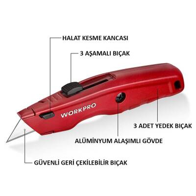 WORKPRO WP213017 Ağır Hizmet Alüminyum Gövde Geri Çekilebilir Rötuş Maket Bıçağı + 3 Adet Yedek Bıçak - Workpro (1)