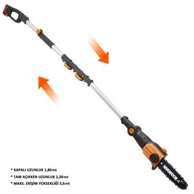 WORX WG349E 20Volt 2.0Ah Li-ion Tek Akülü 20CM Profesyonel Teleskobik Saplı Açı Ayarlı Zincirli Dal Budama - Worx (1)