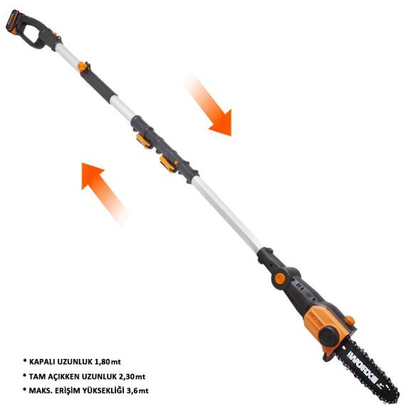 WORX WG349E 20Volt 2.0Ah Li-ion Tek Akülü 20CM Profesyonel Teleskobik Saplı Açı Ayarlı Zincirli Dal Budama - 2