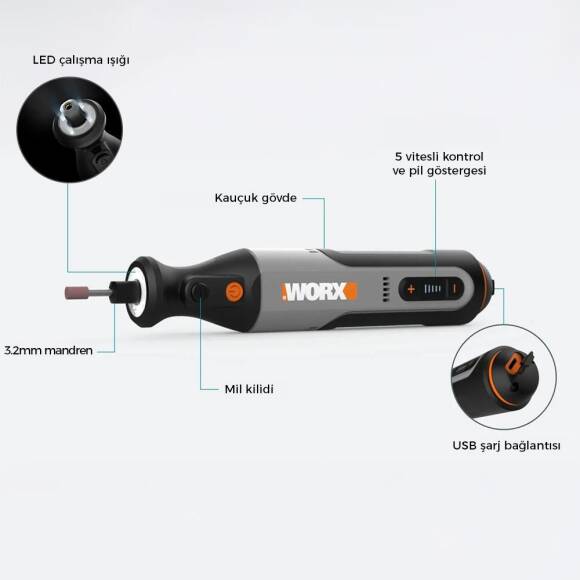 WORX WX106 8Volt Kalem Tipi Devir Ayarlı Profesyonel Gravür Makinesi + 21 Parça Aksesuar - 10