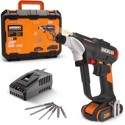 WORX WX177 20Volt/2.0Ah Li-ion Döner Kafa ve Çift Mandrenli Profesyonel Kömürsüz Şarjlı Matkap + 6 Parça Uç - Fırsat Ürünü