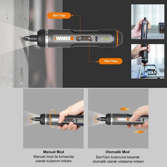 WORX WX242 4Volt/2.0Ah. Li-ion Akıllı Tork Ayarlı Şarjlı Tornavida + 30 Adet Bits Uç - 9