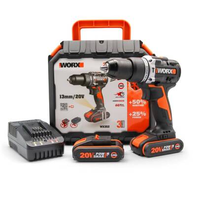 WORX WX352 20Volt/2.0Ah Li-ion Çift Akülü Kömürsüz Profesyonel Şarjlı Darbeli Matkap - Worx