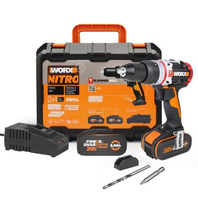 WORX WX354.4 20Volt/4.0Ah Li-ion Çift Akülü Kömürsüz Profesyonel Şarjlı Darbeli Matkap - Worx