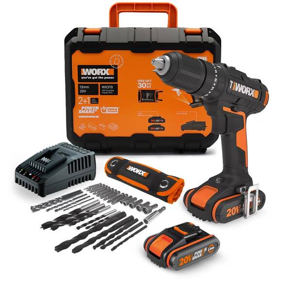 WORX WX370 20Volt/2Ah. Li-ion Çift Akülü Profesyonel Şarjlı Darbeli Matkap + 30 Parça Aksesuar Seti - 2