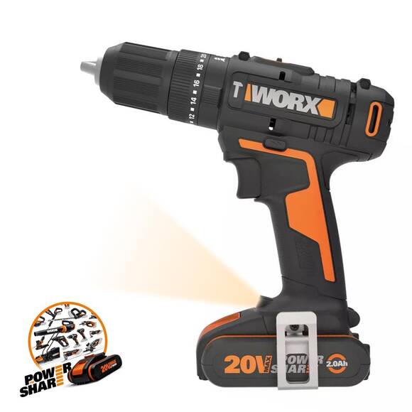 WORX WX370 20Volt/2Ah. Li-ion Çift Akülü Profesyonel Şarjlı Darbeli Matkap + 30 Parça Aksesuar Seti - 1