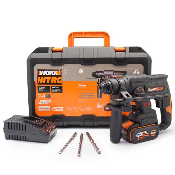 WORX WX381 20Volt 4.0Ah. 2J Li-ion Tek Akülü Profesyonel SDS-Plus Pnömatik Kırıcı/Delici + 3 Parça Delme Ucu - 1