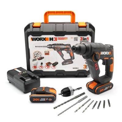 WORX WX390.1 20Volt 2.0Ah. Li-ion 1.2J Profesyonel SDS-Plus Pnömatik Çift Akülü Şarjlı Matkap + 8 Adet Uç + Mandren - Worx