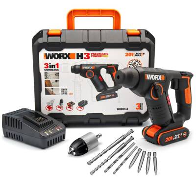 WORX WX394.3 20Volt 2.0Ah. Li-ion 1.5J Profesyonel SDS-Plus Pnömatik Şarjlı Matkap + 9 Adet Uç + Mandren - Worx