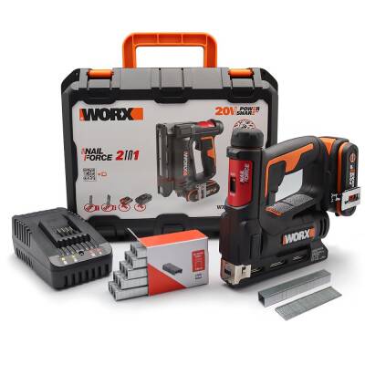 WORX WX843 20Volt/2.0Ah. Li-ion Şarjlı Profesyonel 6-14mm Zımba ve 15mm Çivi Çakma + 3500 adet Yedek Zımba ve Çivi - Worx