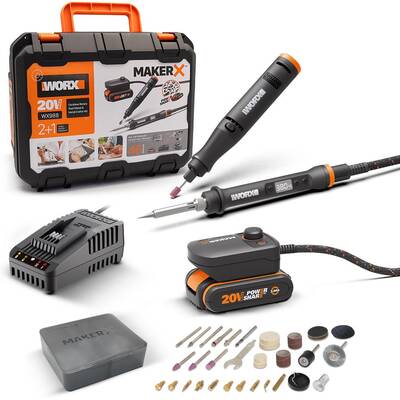 WORX WX988 MAKERX 20Volt 2.0Ah. Kömürsüz Profesyonel Kalem Tipi Devir Ayarlı Gravür Seti + Kalem Tipi Dijital Lehim ve Ahşap Yakma Seti + 46 Parça Aksesuar - Fırsat Ürünü