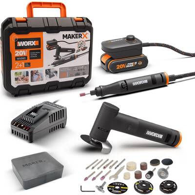 WORX WX990 MAKERX 20Volt 2.0Ah. Kömürsüz Profesyonel Kalem Tipi Devir Ayarlı Gravür + 50MM Açılı Avuç Taşlama Kombo Set + 39 Parça aksesuar - Fırsat Ürünü